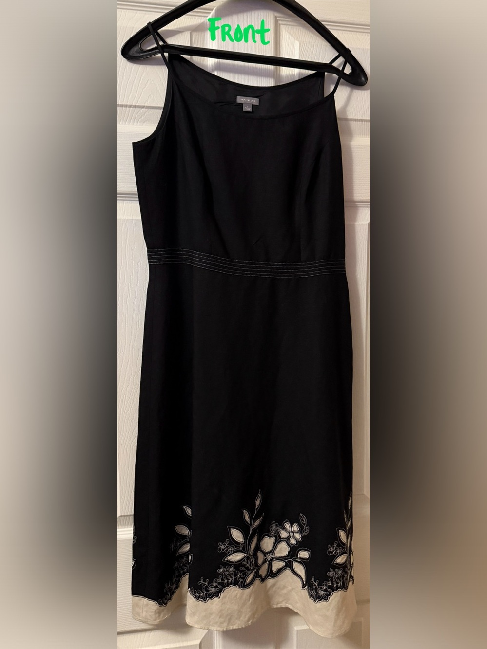 Ann Taylor Black Sleeveless A-Line Dress with Cream Floral Hem
